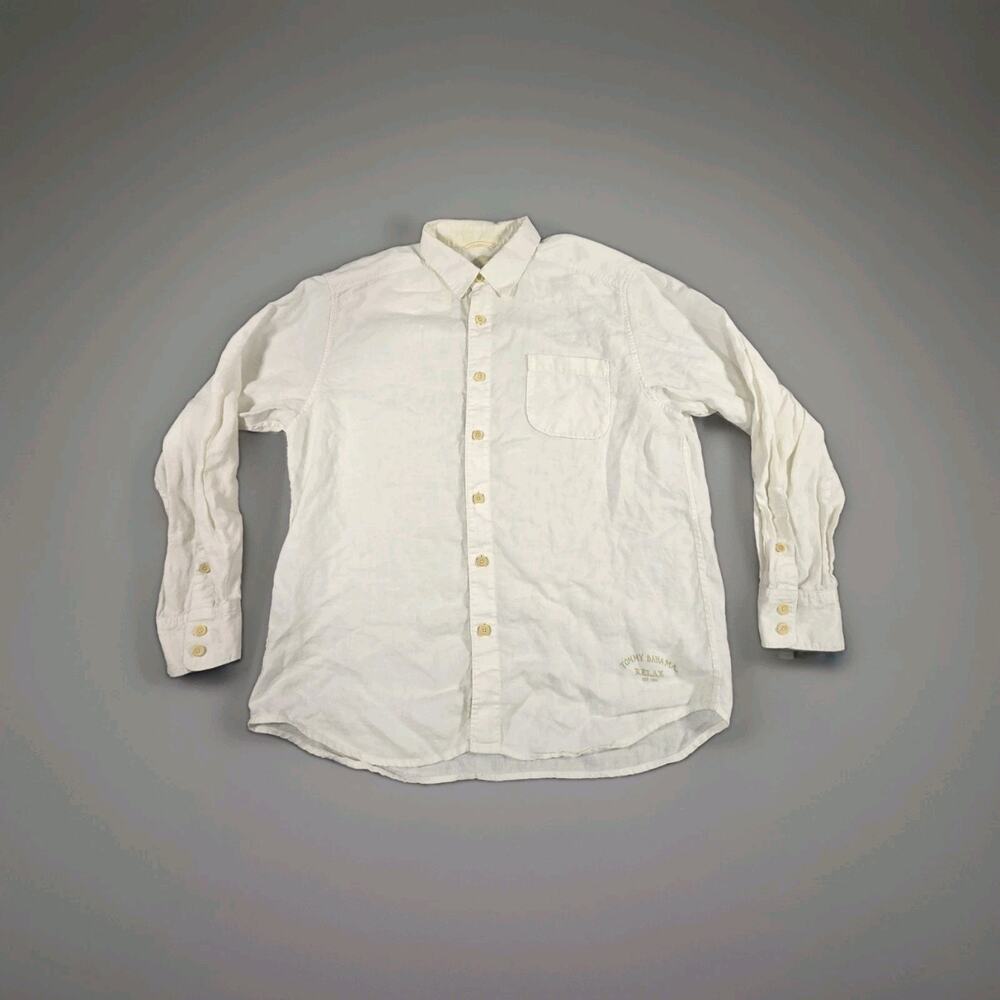 Tommy Bahama Relax 100% Linen Shirt Mens Sz L Long Sleeve Cream Gauze Coastal C4